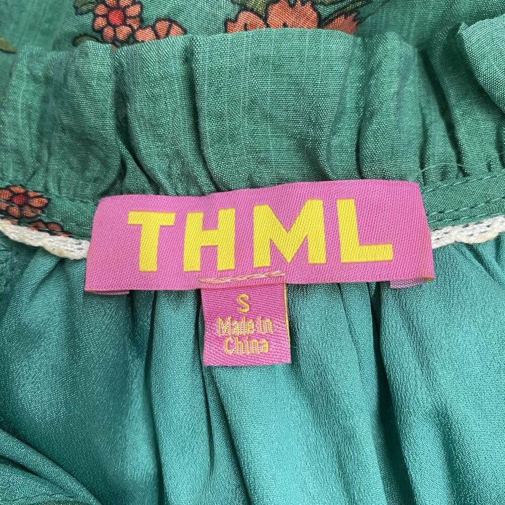 THML Green Floral Tiered Maxi Dress Small Boho Cottagecore Puff Sleeve Smocked - Picture 3 of 10